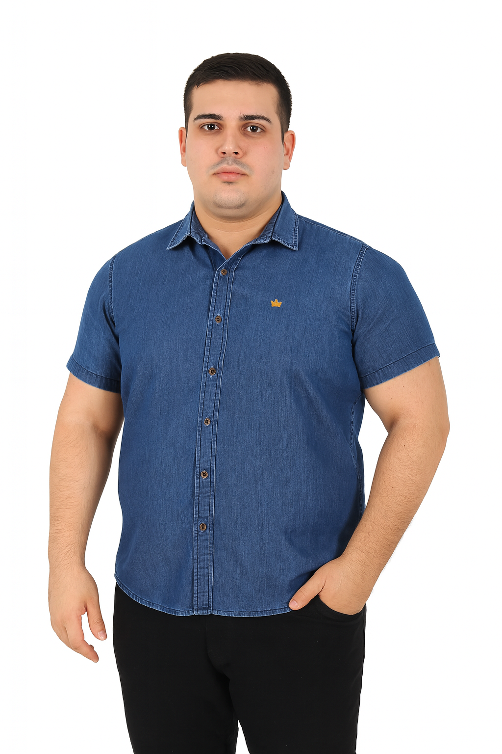 Camisa Jeans Masculina Slim Fit Manga Curta Social Algodão Botões Premium