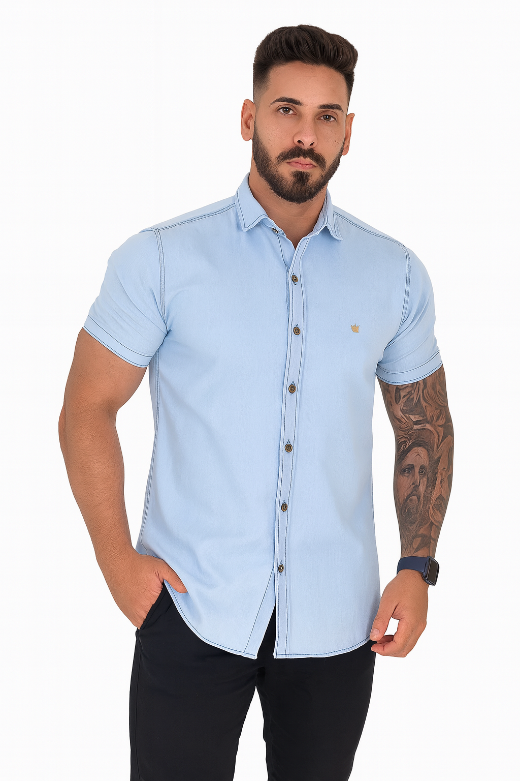 Camisa Jeans Masculina Slim Fit Manga Curta Social Algodão Botões Premium