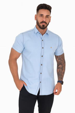 Camisa Jeans Masculina Slim Fit Manga Curta Social Algodão Botões Premium