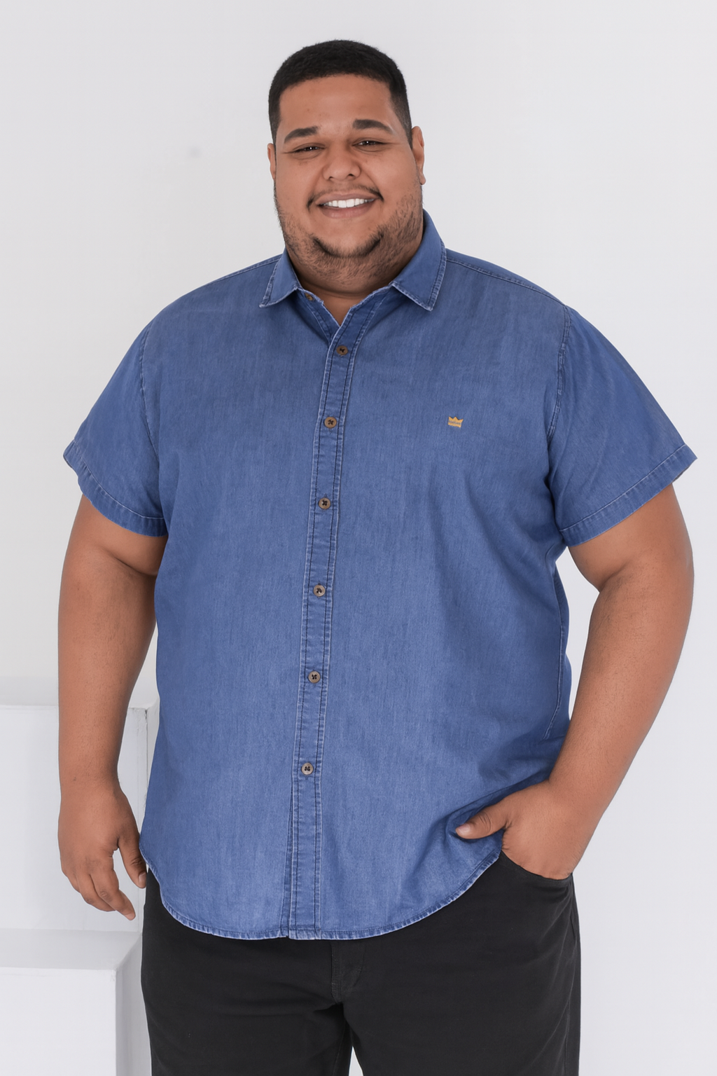 Camisa Jeans Masculina Slim Fit Manga Curta Social Algodão Botões Premium