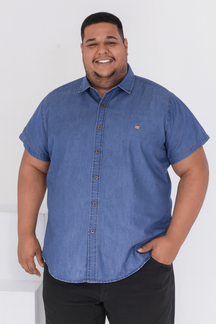Camisa Jeans Masculina Slim Fit Manga Curta Social Algodão Botões Premium