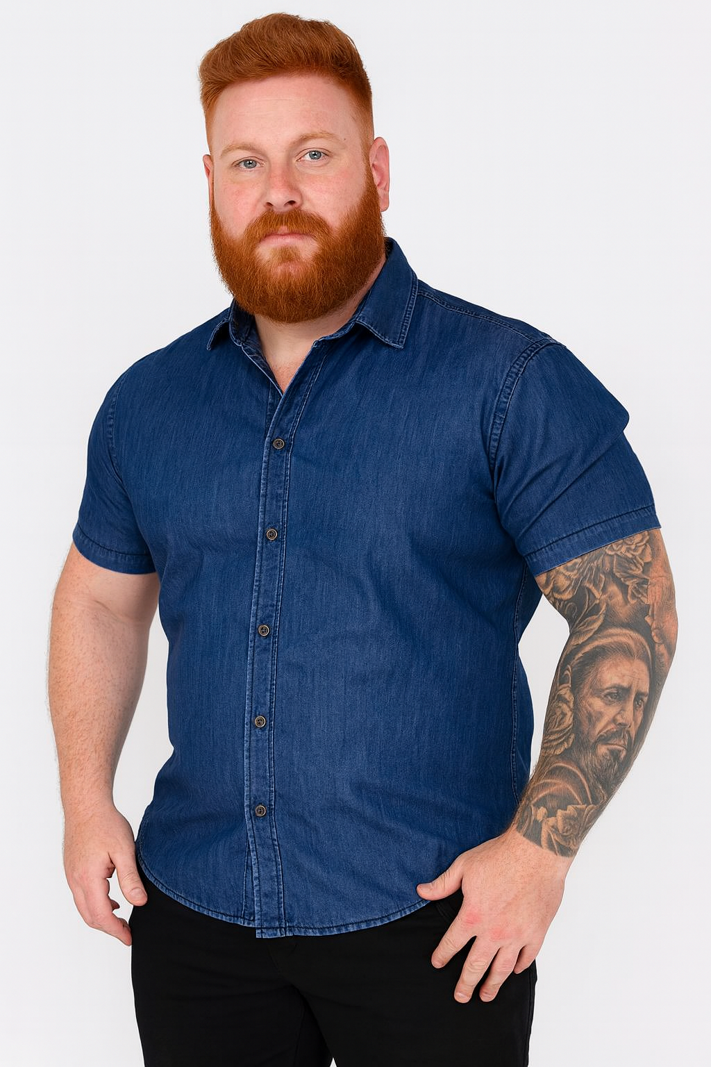 Camisa Jeans Masculina Slim Fit Manga Curta Social Algodão Botões Premium