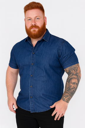 Camisa Jeans Masculina Slim Fit Manga Curta Social Algodão Botões Premium