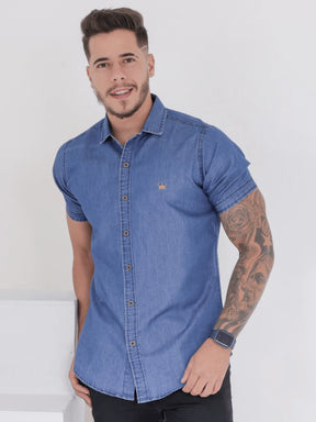 Camisa Jeans Masculina Slim Fit Manga Curta Social Algodão Botões Premium