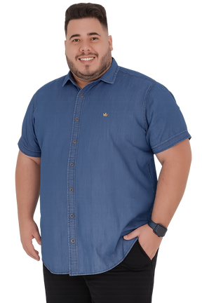 Camisa Jeans Masculina Slim Fit Manga Curta Social Algodão Botões Premium